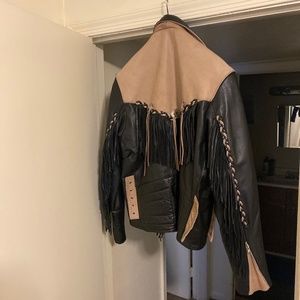 Black and cream genuine leather shingle biker jacket